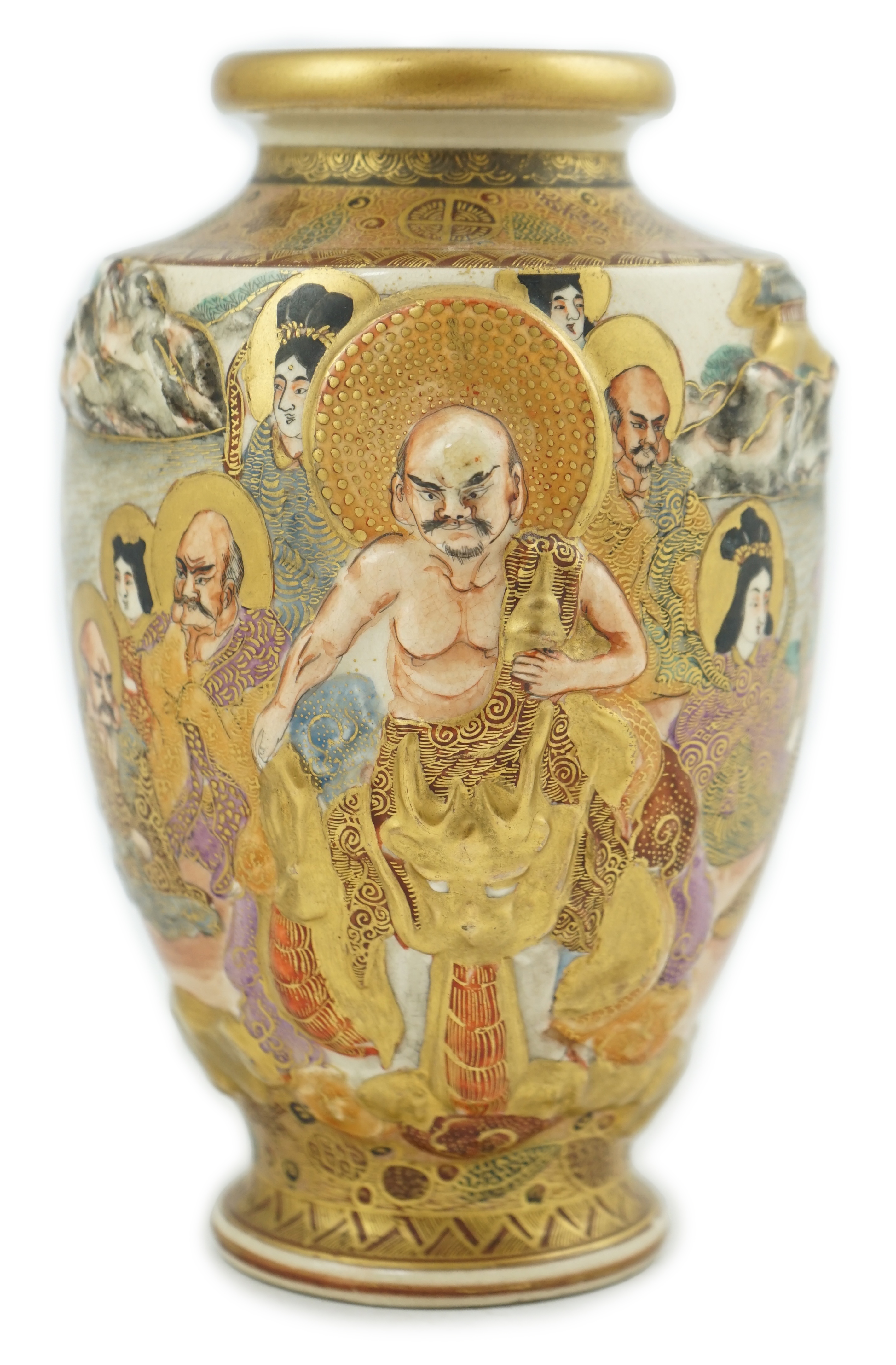 A Japanese Satsuma relief moulded ‘rakan’ vase, Meiji period